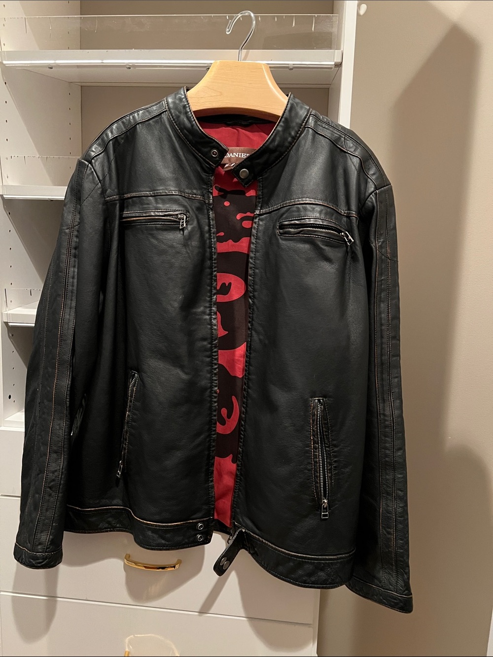 Danier Black Leather Bomber Jacket with Red Lining